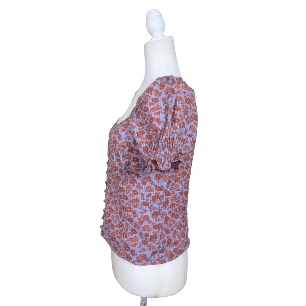 Madewell Floral Puff Sleeve Smocked Back Top Blue Red Size 0